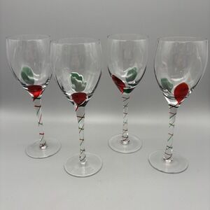 VTG Pier One Set Of 4 Tear Drop Red And Green Hand Blown Wine Glasses Xmas